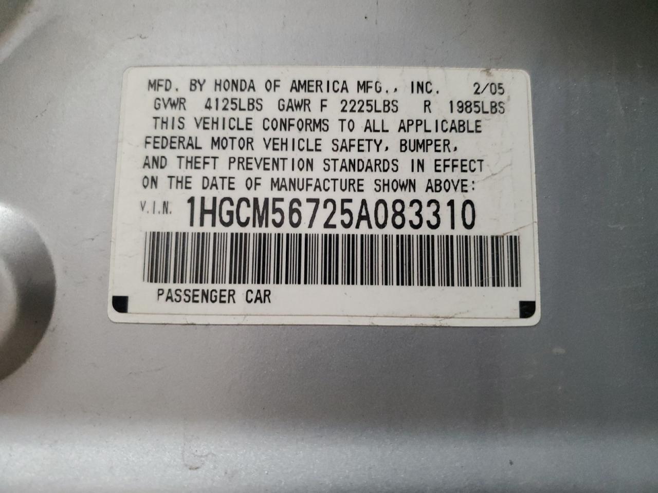 1HGCM56725A083310 2005 Honda Accord Ex