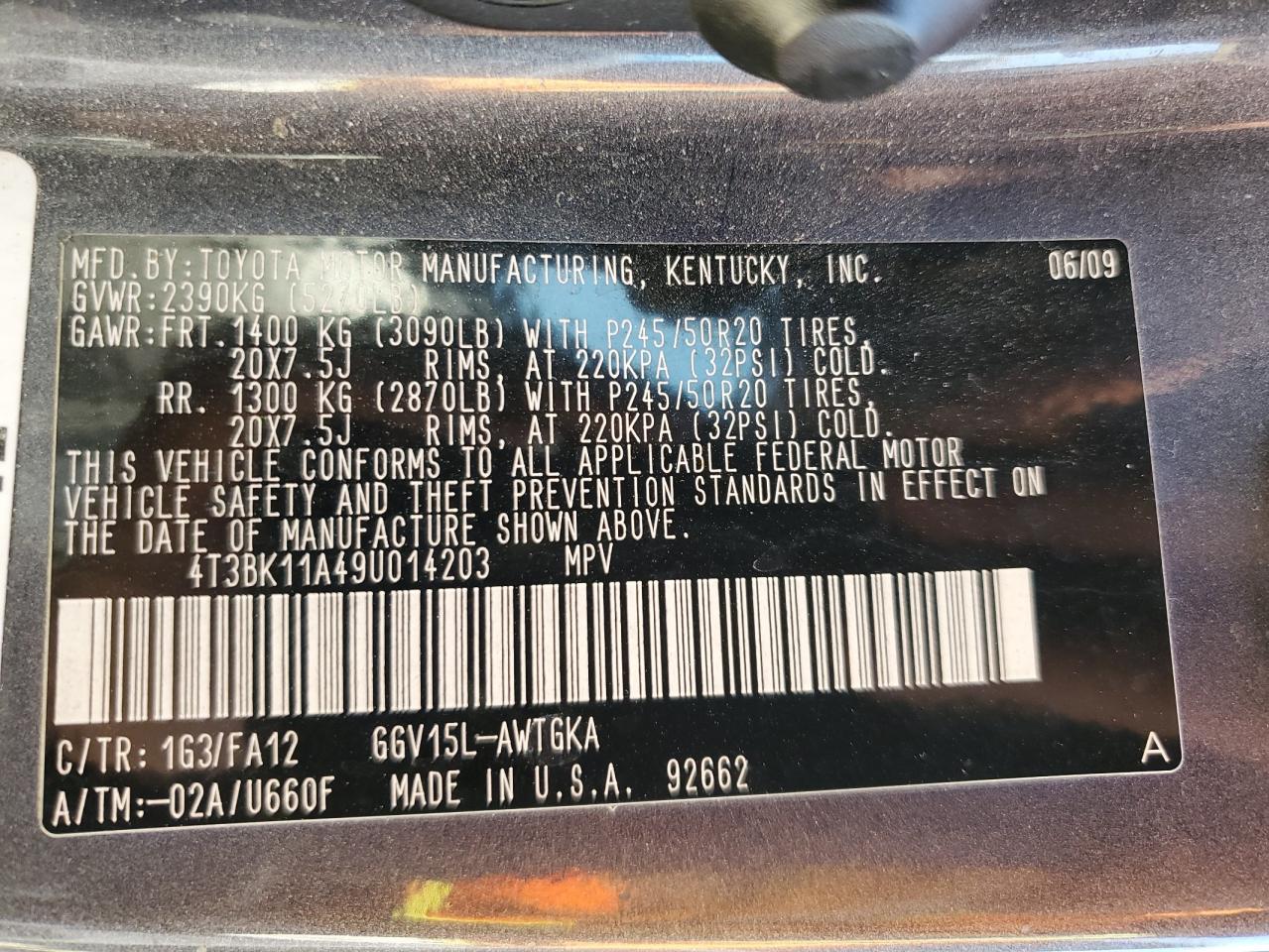 4T3BK11A49U014203 2009 Toyota Venza