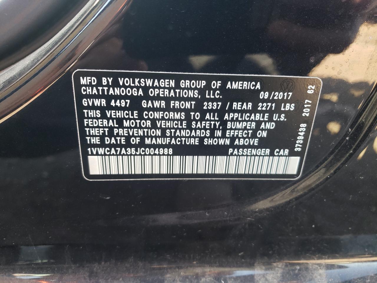 1VWCA7A35JC004988 2018 Volkswagen Passat Sel Premium