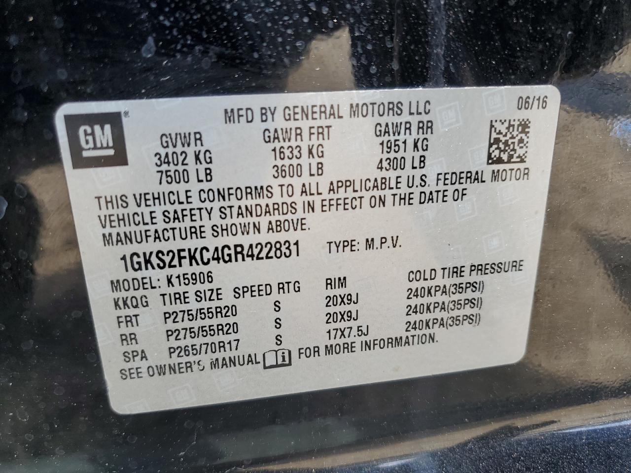 1GKS2FKC4GR422831 2016 GMC Yukon Xl K1500 Sle