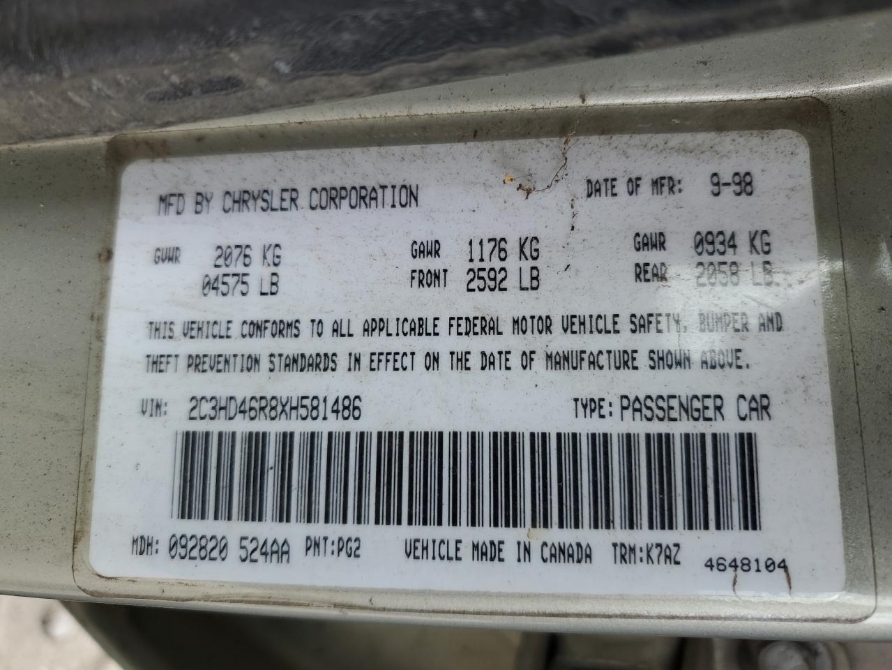 2C3HD46R8XH581486 1999 Chrysler Concorde Lx