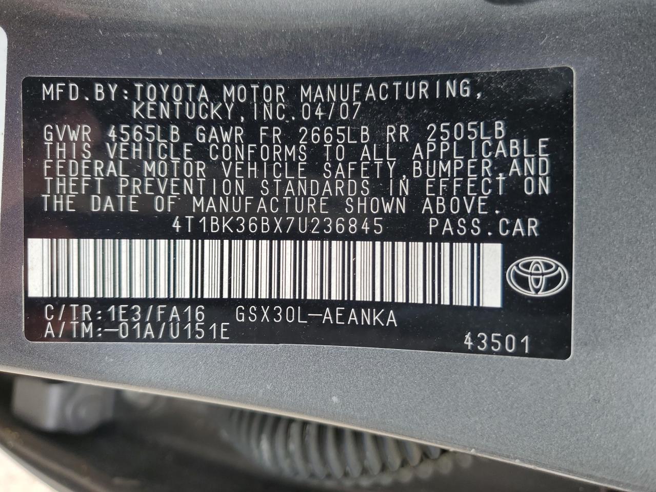 4T1BK36BX7U236845 2007 Toyota Avalon Xl