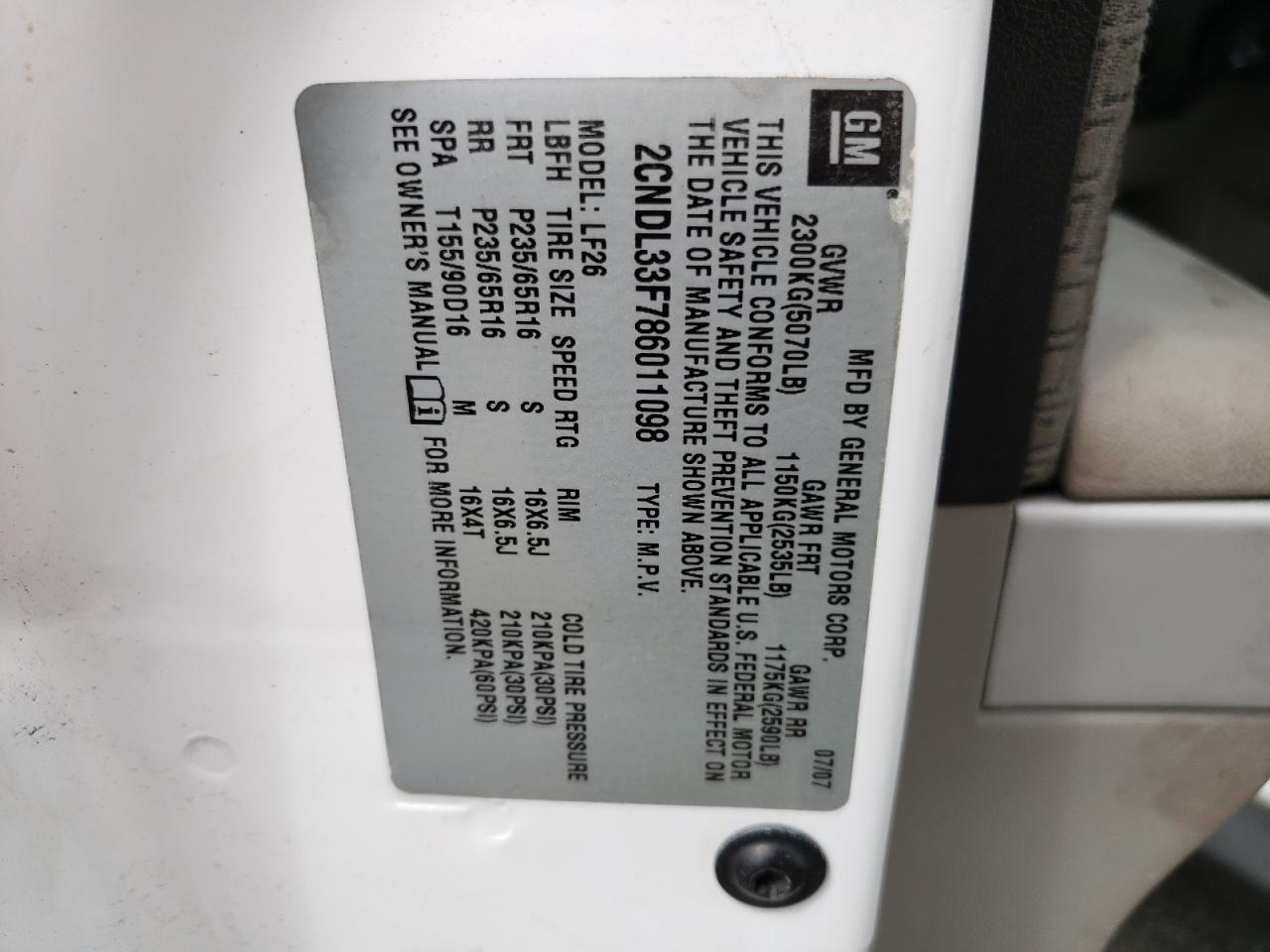 2CNDL33F786011098 2008 Chevrolet Equinox Lt