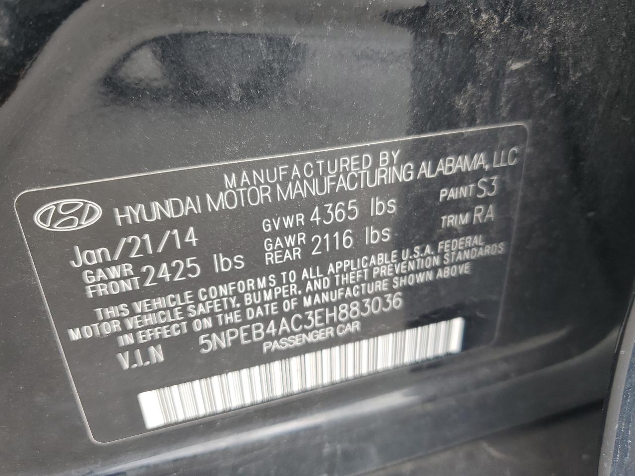 5NPEB4AC3EH883036 2014 Hyundai Sonata Gls
