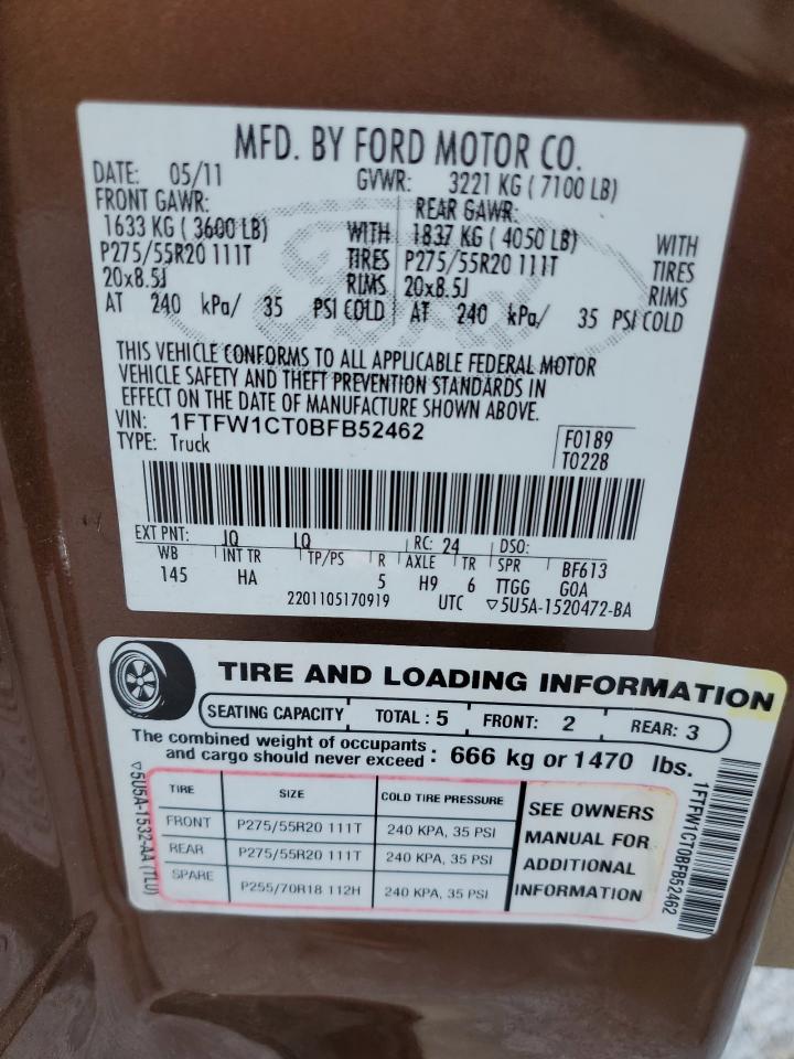 1FTFW1CT0BFB52462 2011 Ford F150 Supercrew