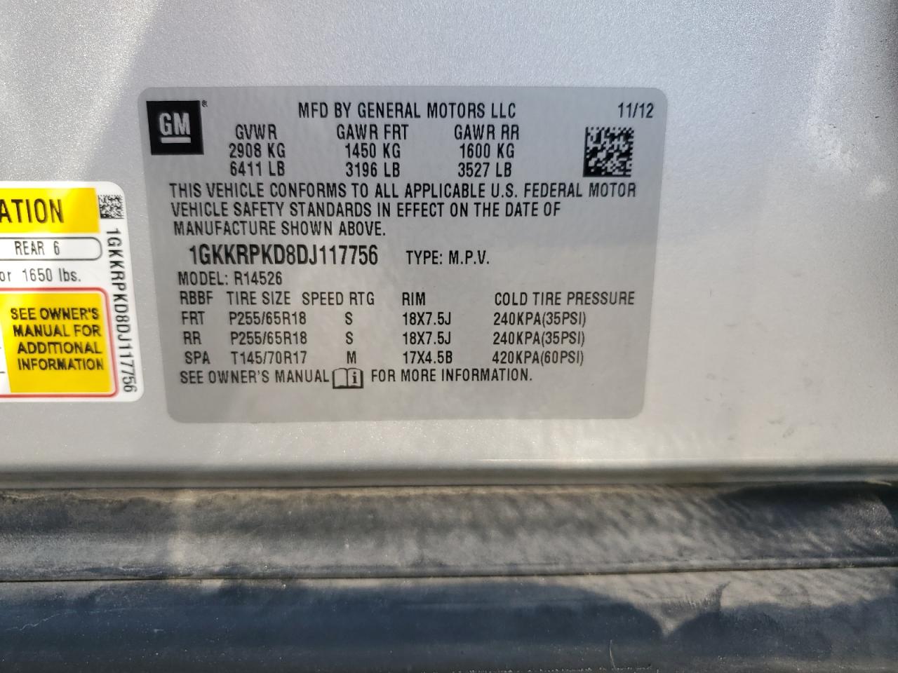 1GKKRPKD8DJ117756 2013 GMC Acadia Sle