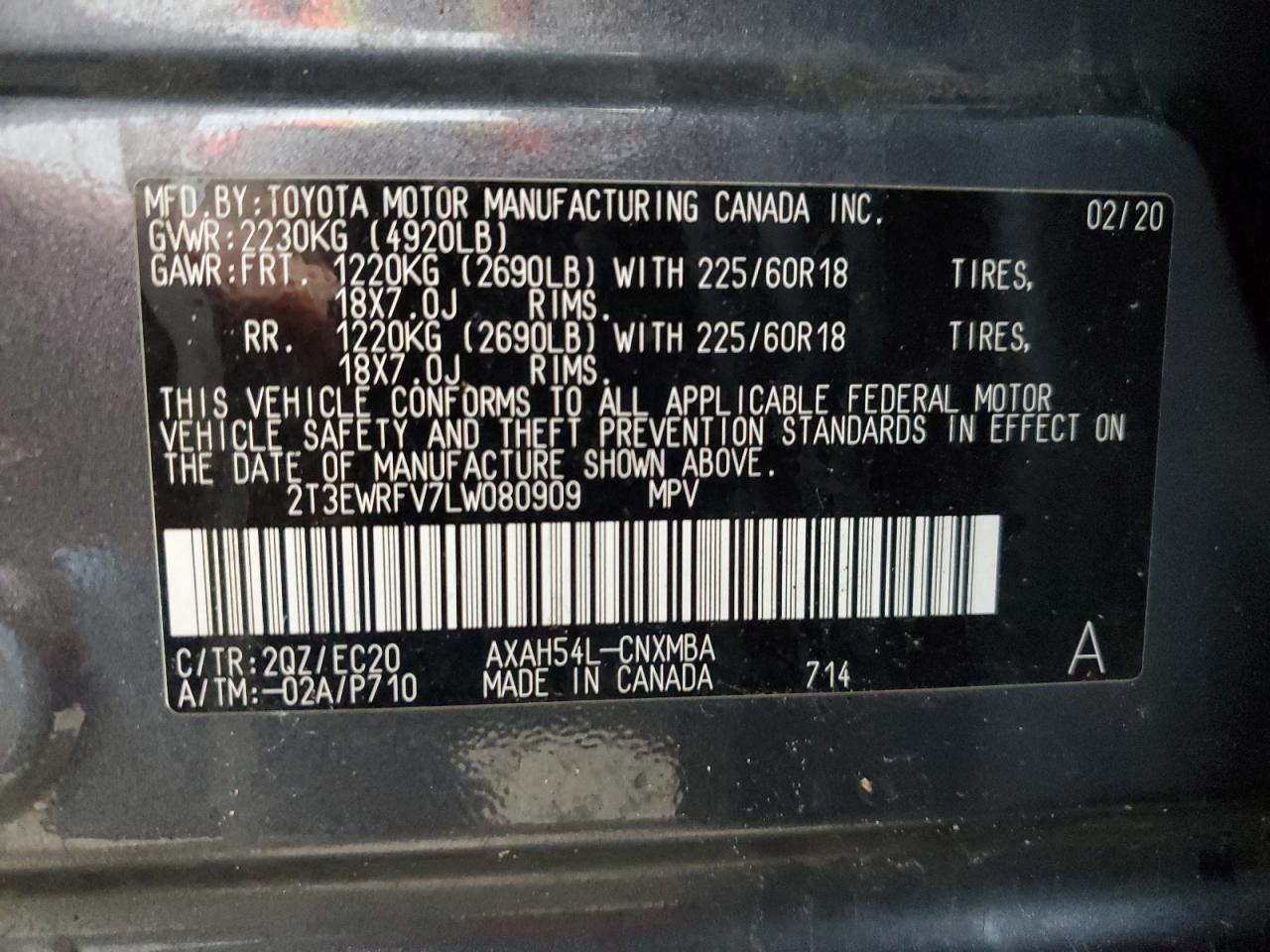 2T3EWRFV7LW080909 2020 Toyota Rav4 Xse 2T3EWRFV7LW080909 2020 Toyota Rav4 Xse