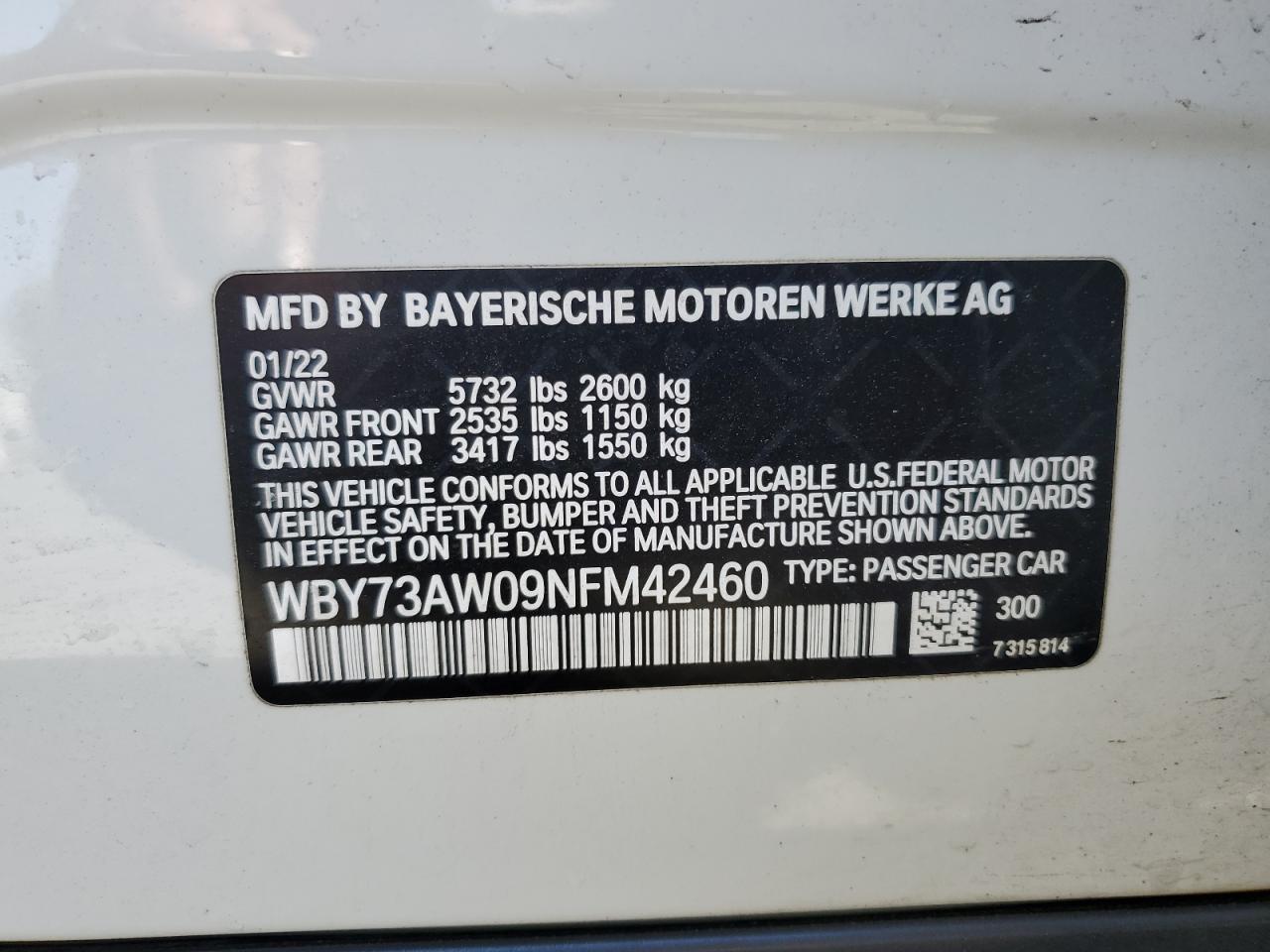 WBY73AW09NFM42460 2022 BMW I4 Edrive 40