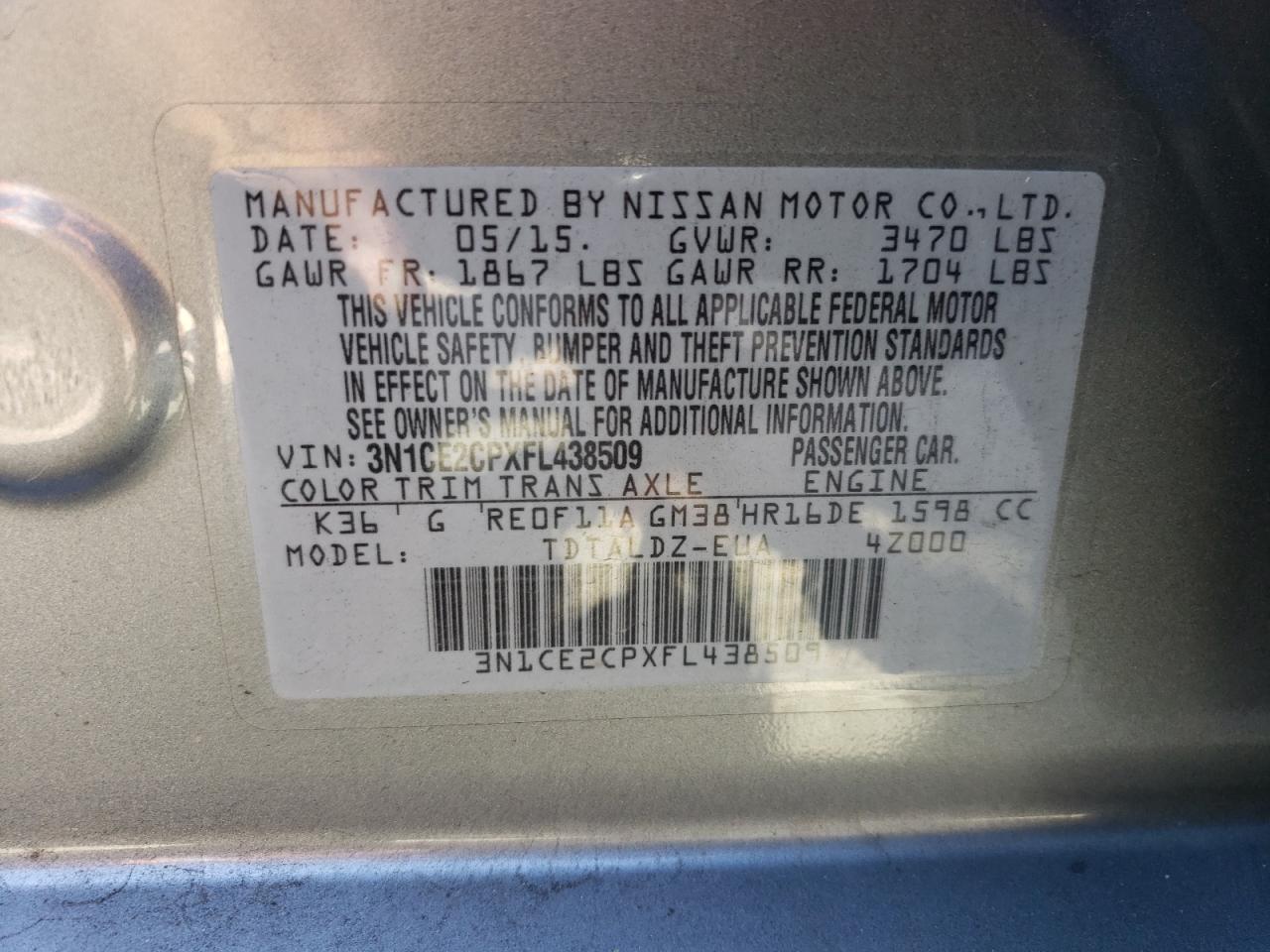 3N1CE2CPXFL438509 2015 Nissan Versa Note S