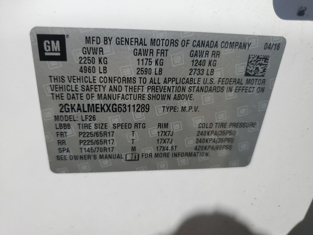 2GKALMEKXG6311289 2016 GMC Terrain Sle