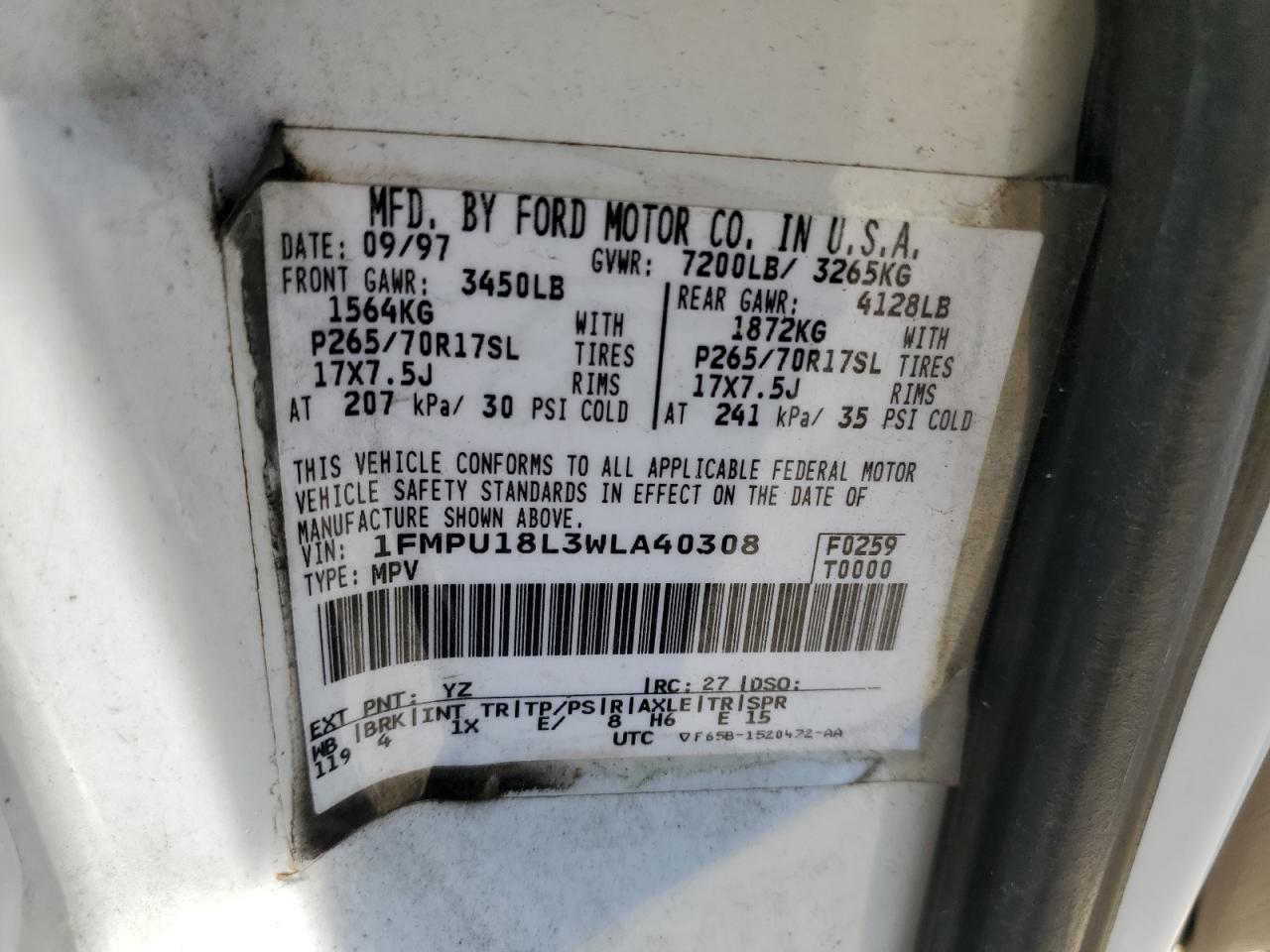 1FMPU18L3WLA40308 1998 Ford Expedition