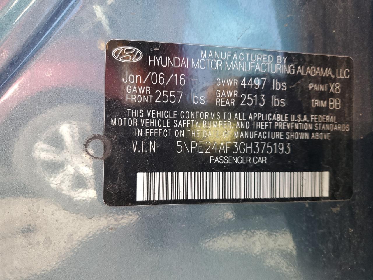 5NPE24AF3GH375193 2016 Hyundai Sonata Se