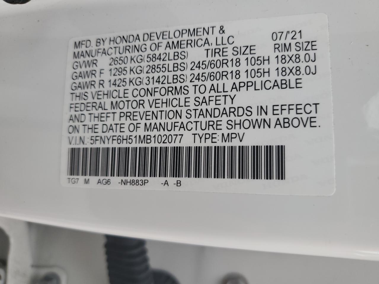 5FNYF6H51MB102077 2021 Honda Pilot Exl