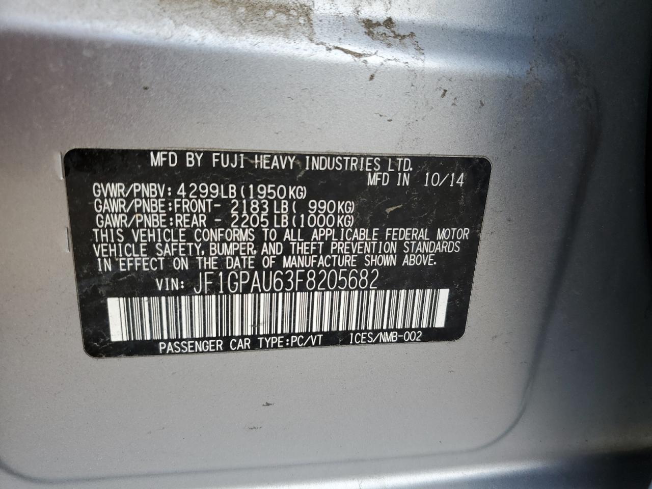 JF1GPAU63F8205682 2015 Subaru Impreza Sport