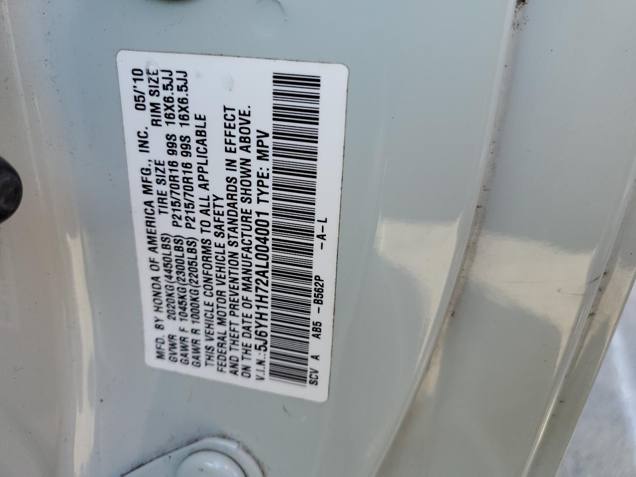 5J6YH1H72AL004001 2010 Honda Element Ex
