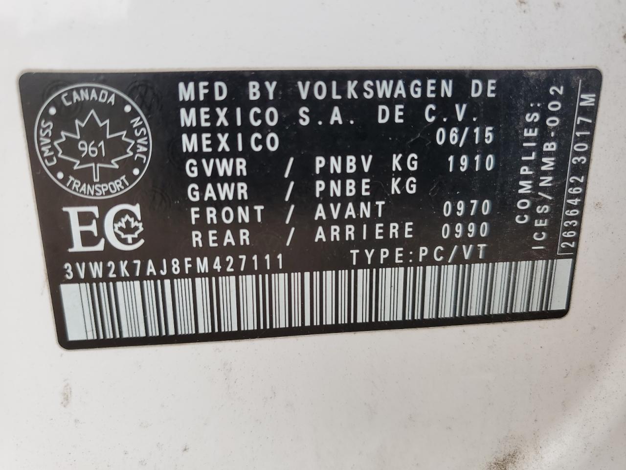 3VW2K7AJ8FM427111 2015 Volkswagen Jetta Base