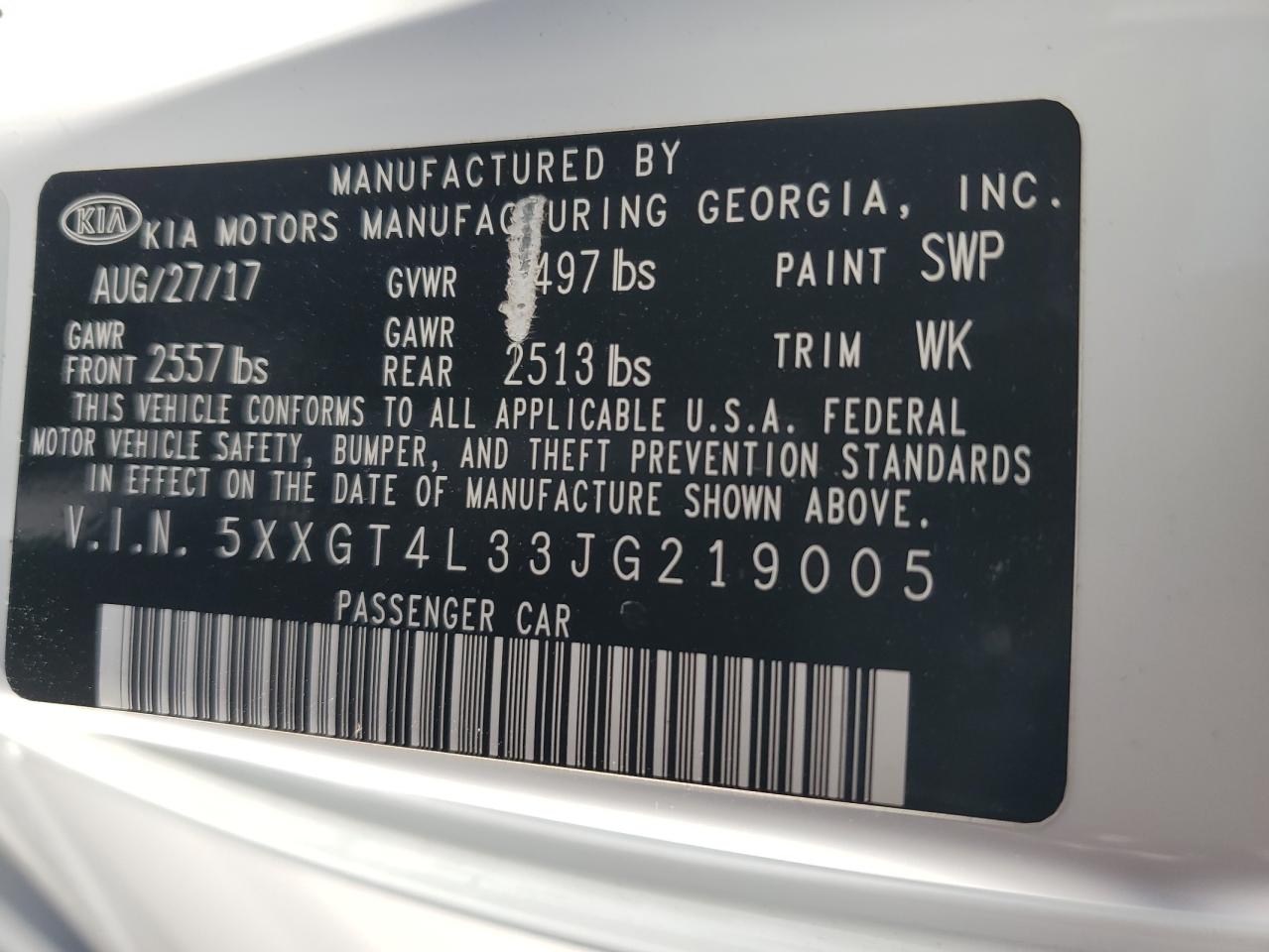 5XXGT4L33JG219005 2018 Kia Optima Lx