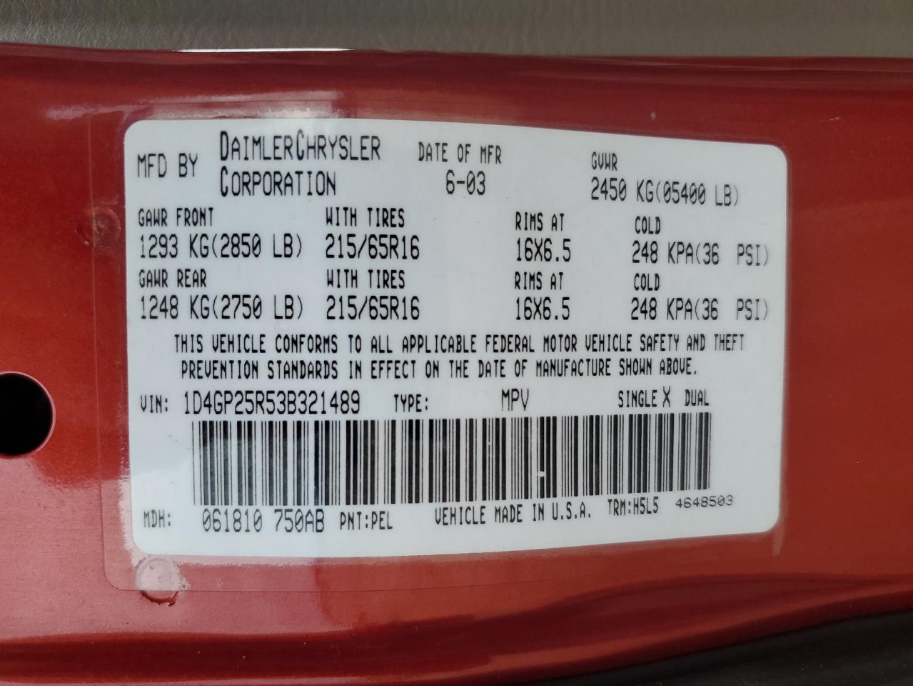 1D4GP25R53B321489 2003 Dodge Caravan Se