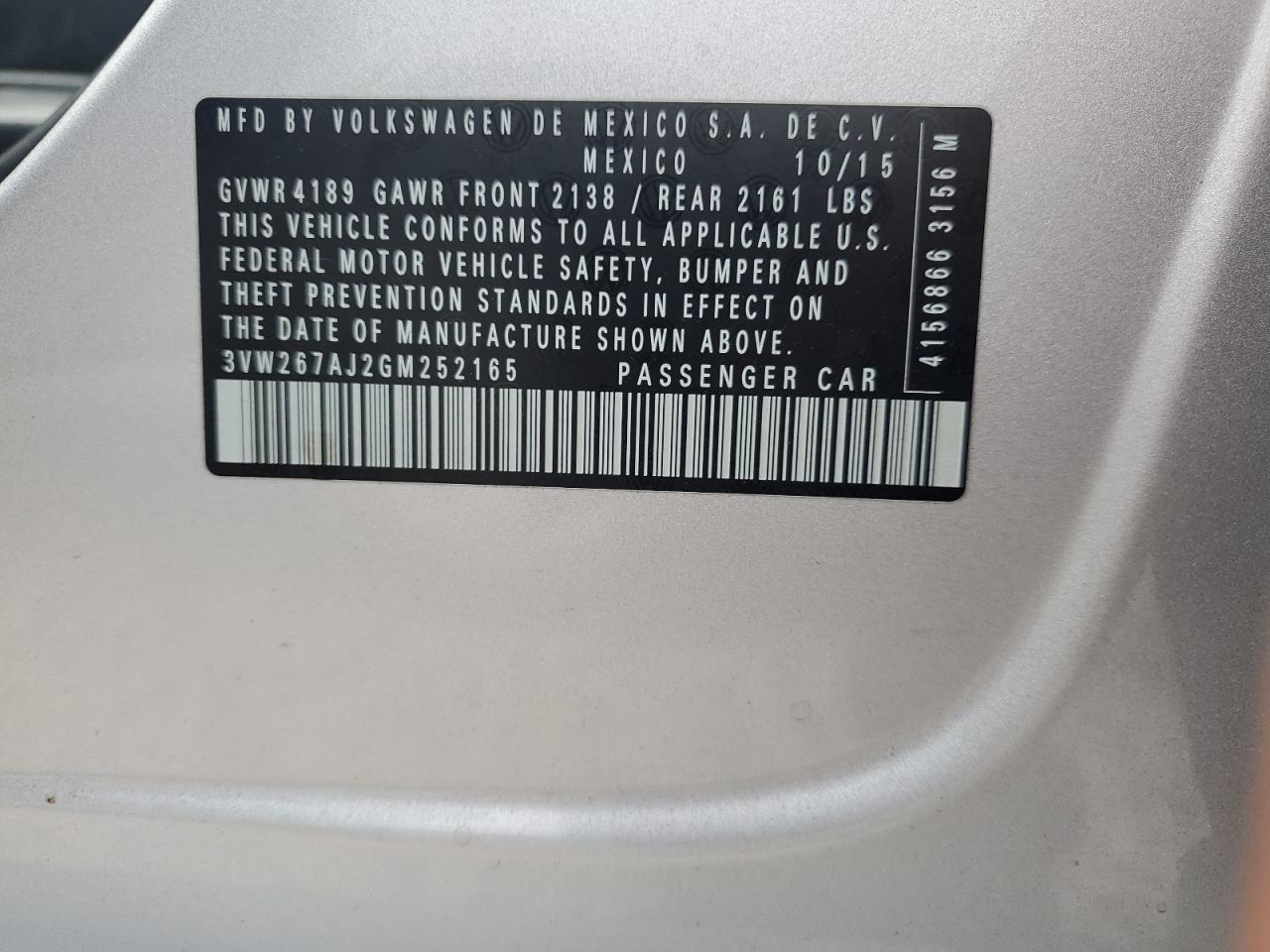 3VW267AJ2GM252165 2016 Volkswagen Jetta S