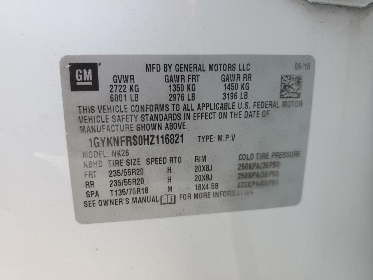 1GYKNFRS0HZ116821 2017 Cadillac Xt5 Platinum