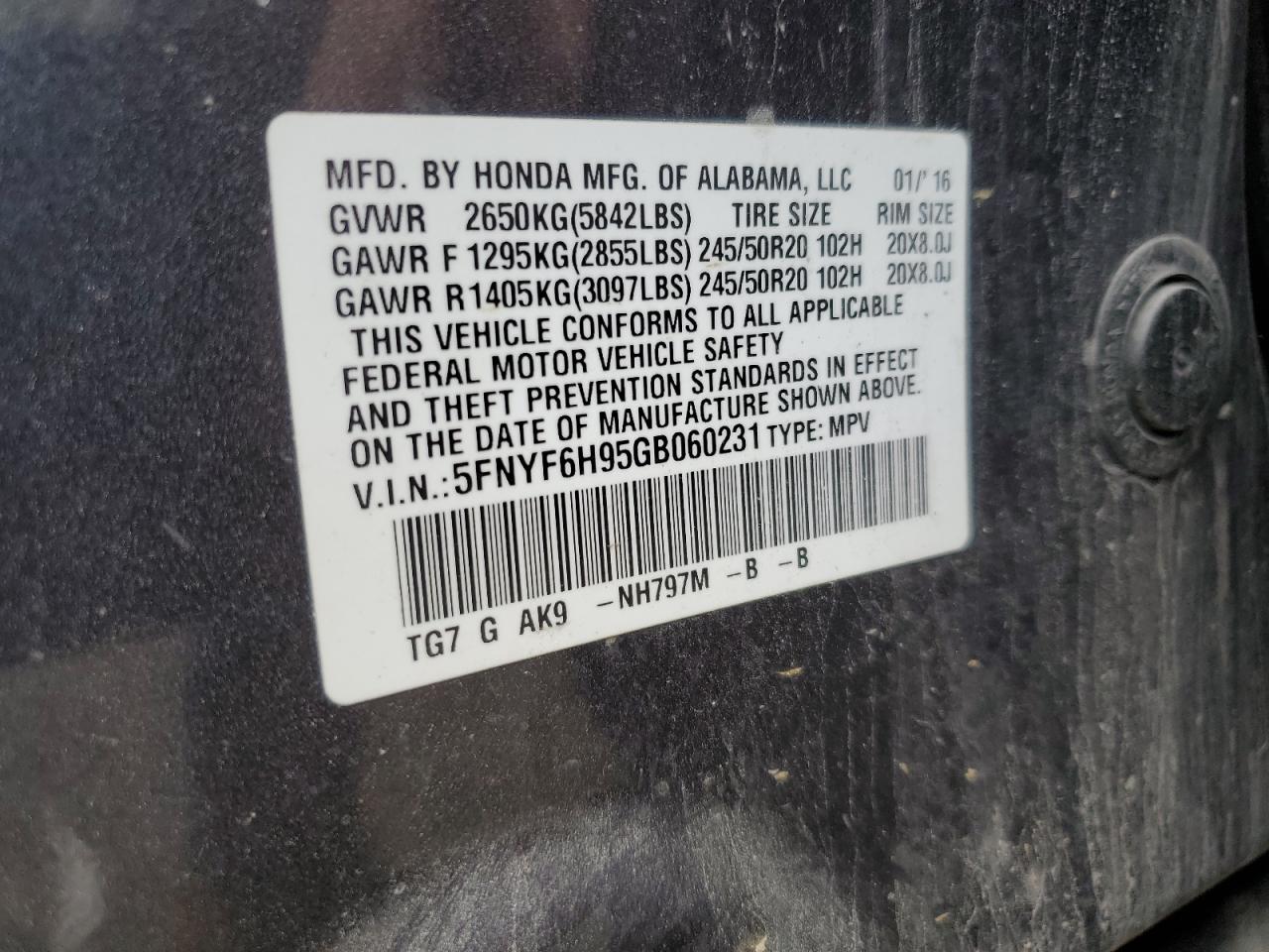 5FNYF6H95GB060231 2016 Honda Pilot Touring
