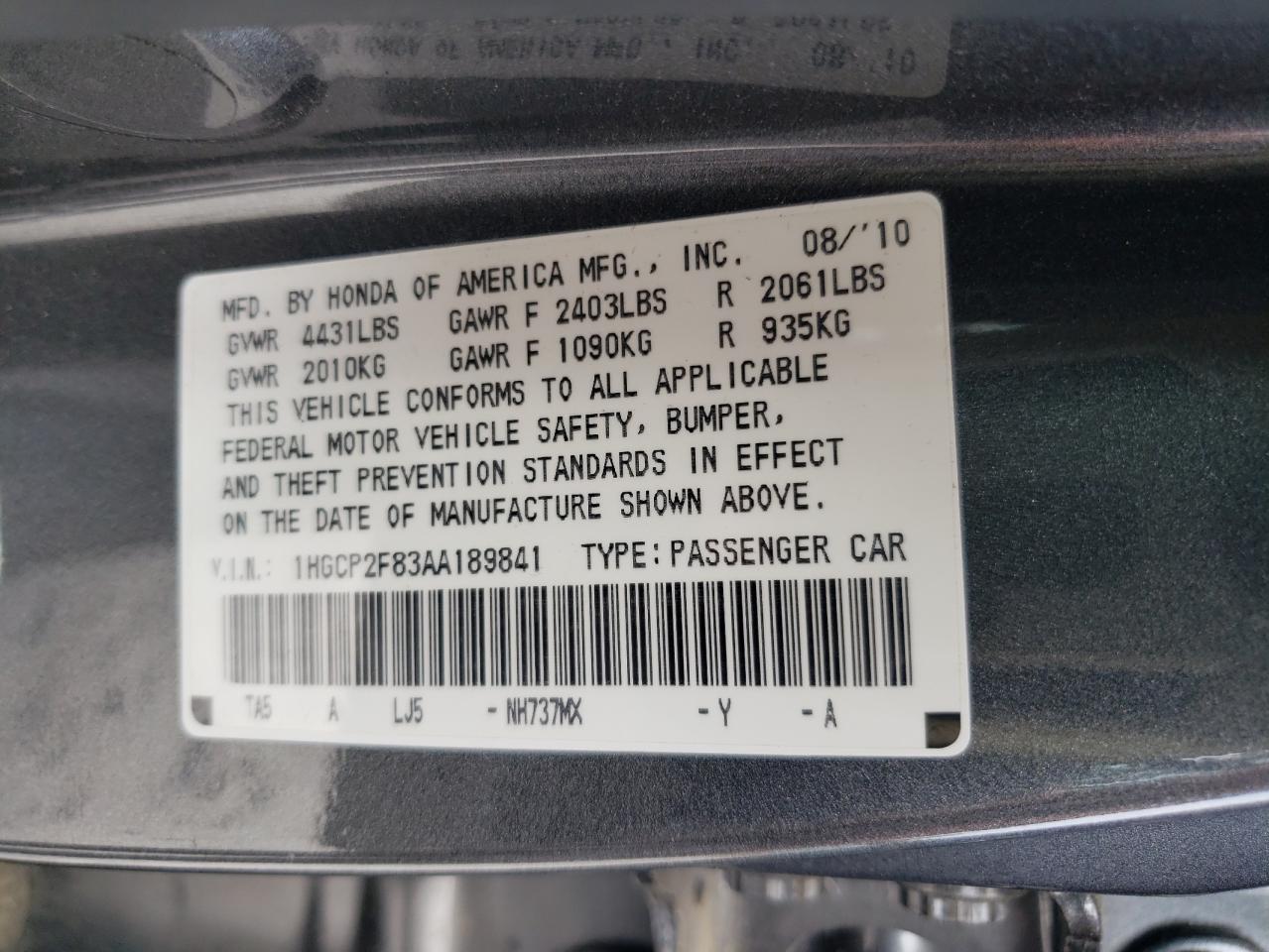 1HGCP2F83AA189841 2010 Honda Accord Exl