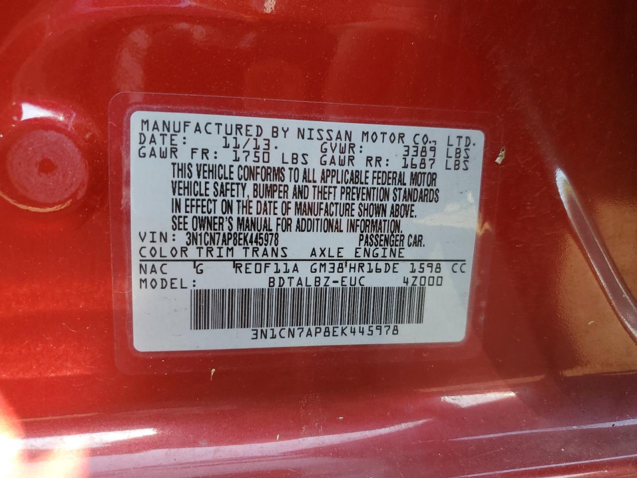 3N1CN7AP8EK445978 2014 Nissan Versa S