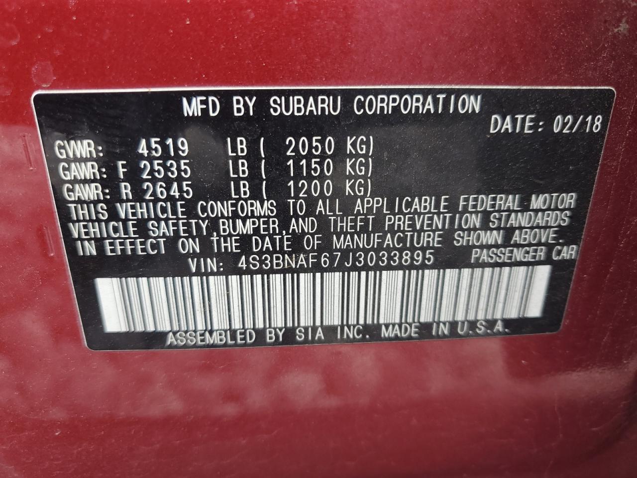 4S3BNAF67J3033895 2018 Subaru Legacy 2.5I Premium