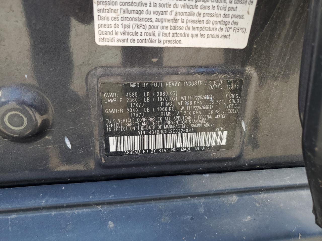 4S4BRCGC9C3226097 2012 Subaru Outback 2.5I Premium