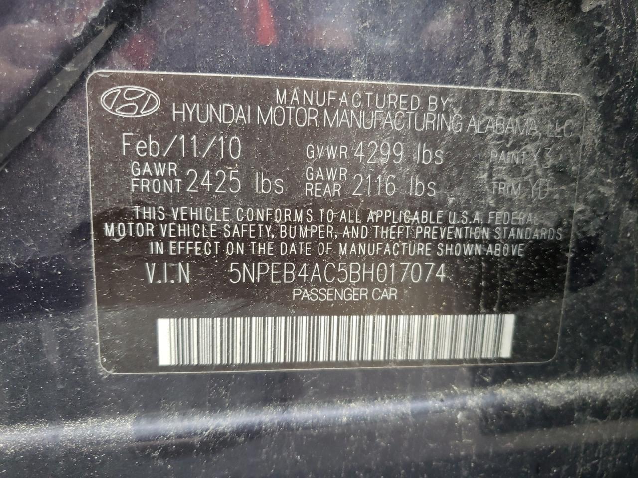 5NPEB4AC5BH017074 2011 Hyundai Sonata Gls