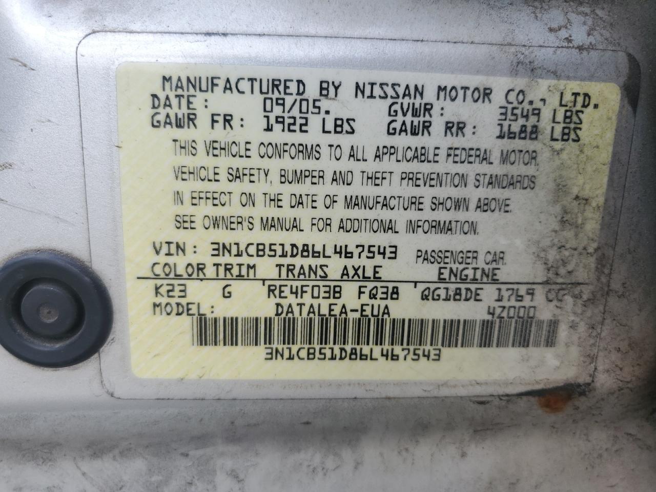 3N1CB51D86L467543 2006 Nissan Sentra 1.8