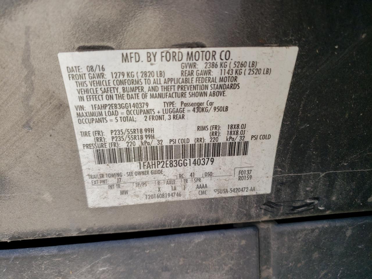 1FAHP2E83GG140379 2016 Ford Taurus Sel