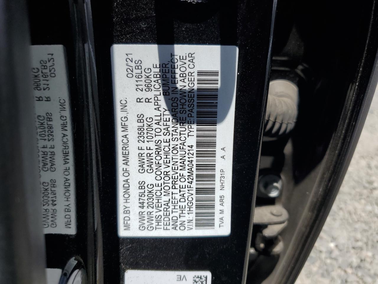 1HGCV1F42MA041214 2021 Honda Accord Sport Se