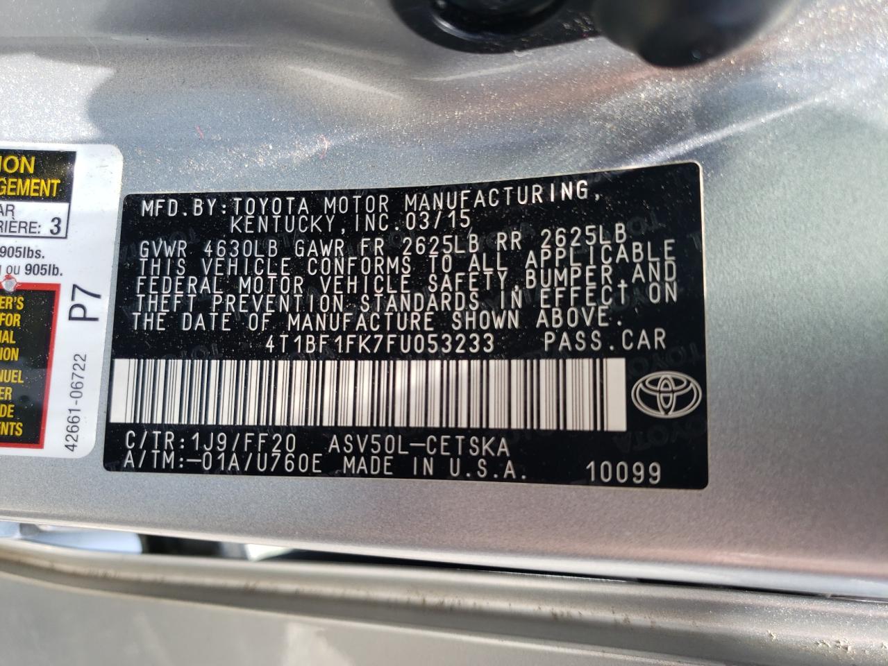 2015 Toyota Camry Le vin: 4T1BF1FK7FU053233