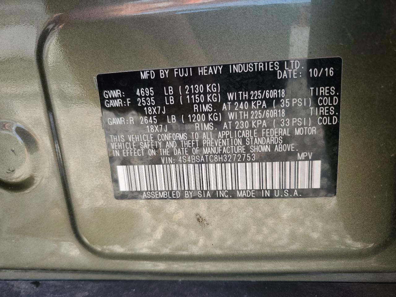 4S4BSATC8H3272753 2017 Subaru Outback Touring