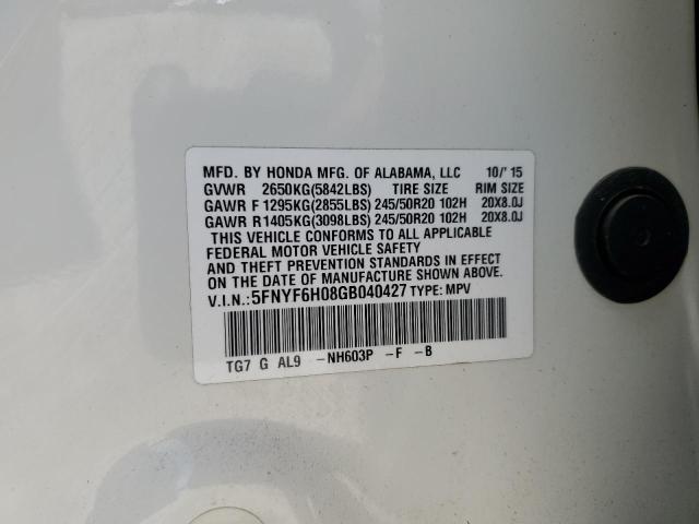 2016 Honda Pilot Elite VIN: 5FNYF6H08GB040427 Lot: 61113764