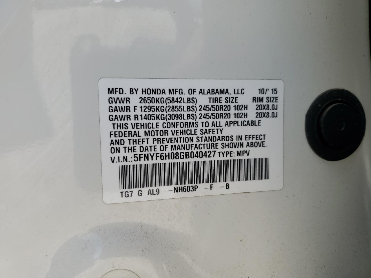 5FNYF6H08GB040427 2016 Honda Pilot Elite