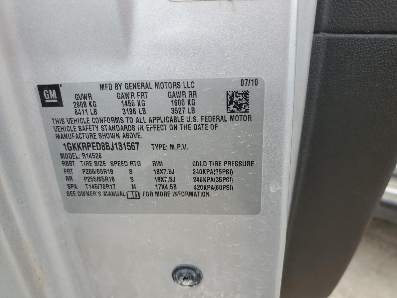 1GKKRPED8BJ131567 2011 GMC Acadia Sle