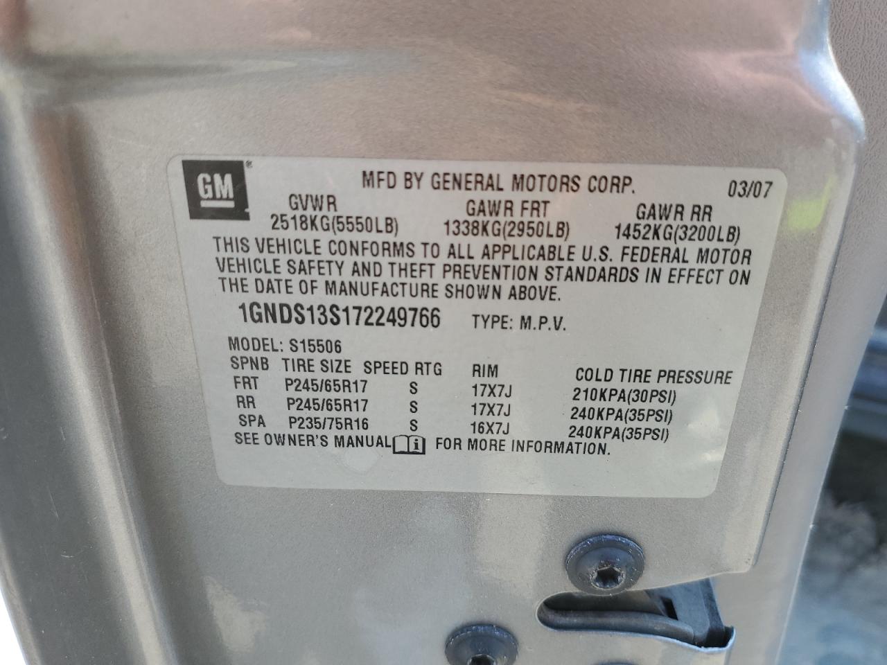 1GNDS13S172249766 2007 Chevrolet Trailblazer Ls