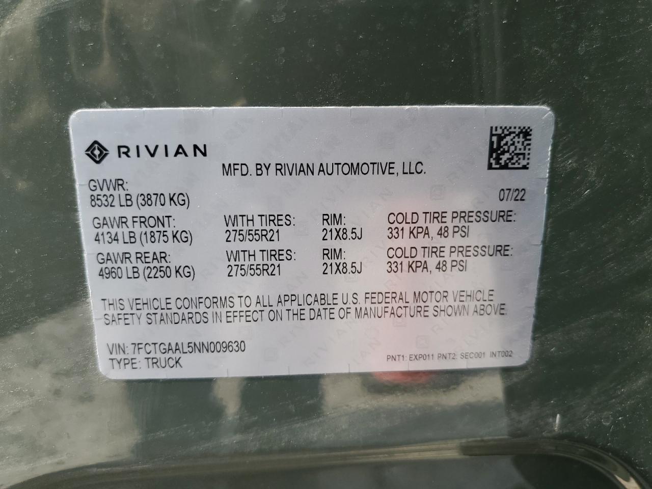 7FCTGAAL5NN009630 2022 Rivian R1T Launch Edition