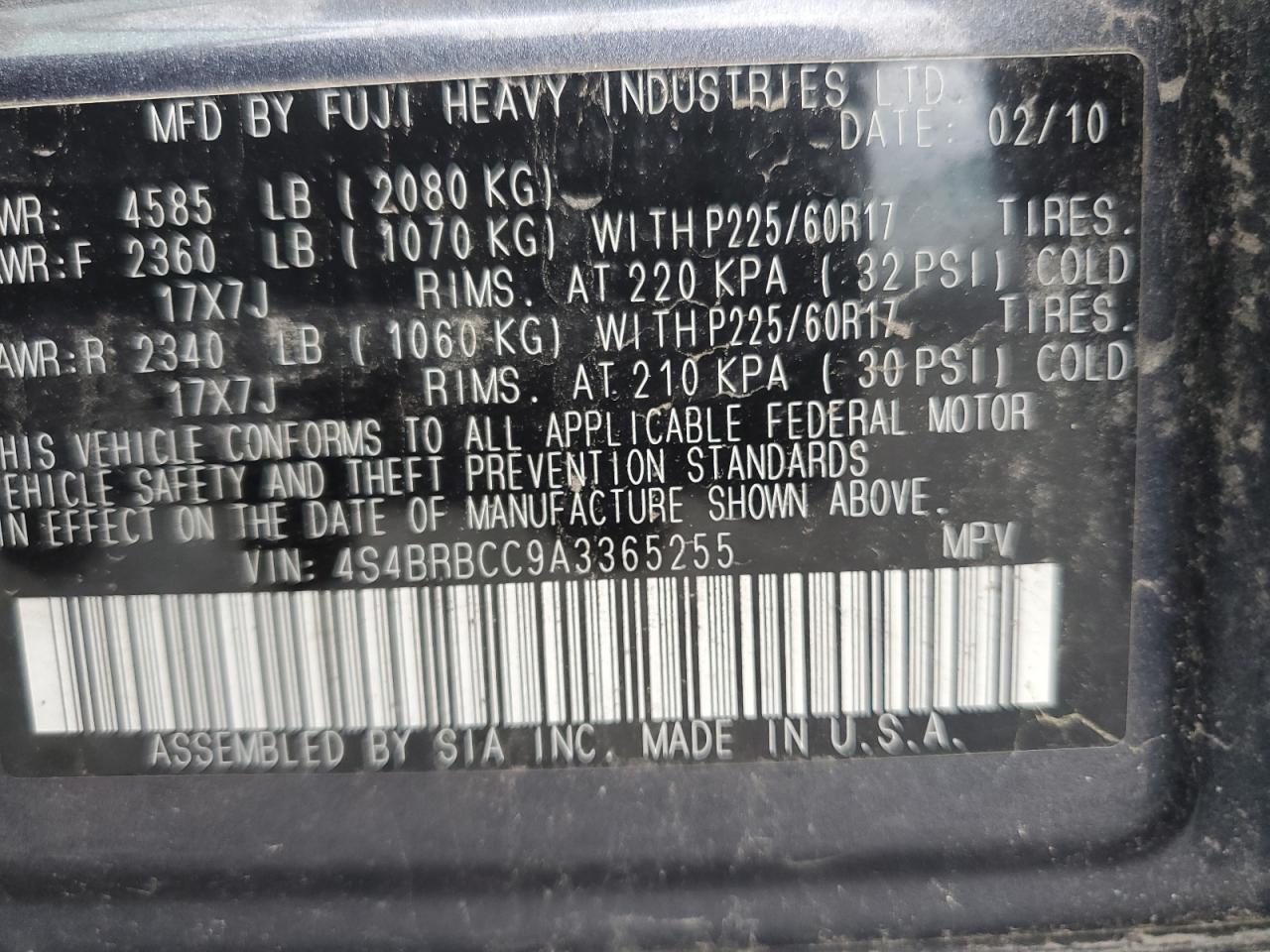 4S4BRBCC9A3365255 2010 Subaru Outback 2.5I Premium