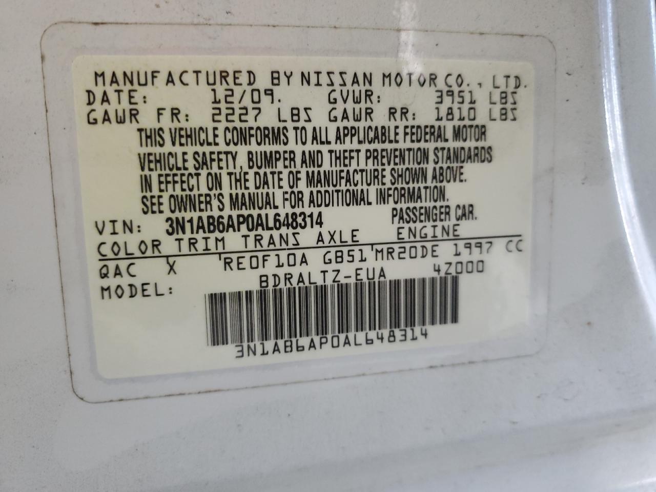 3N1AB6AP0AL648314 2010 Nissan Sentra 2.0