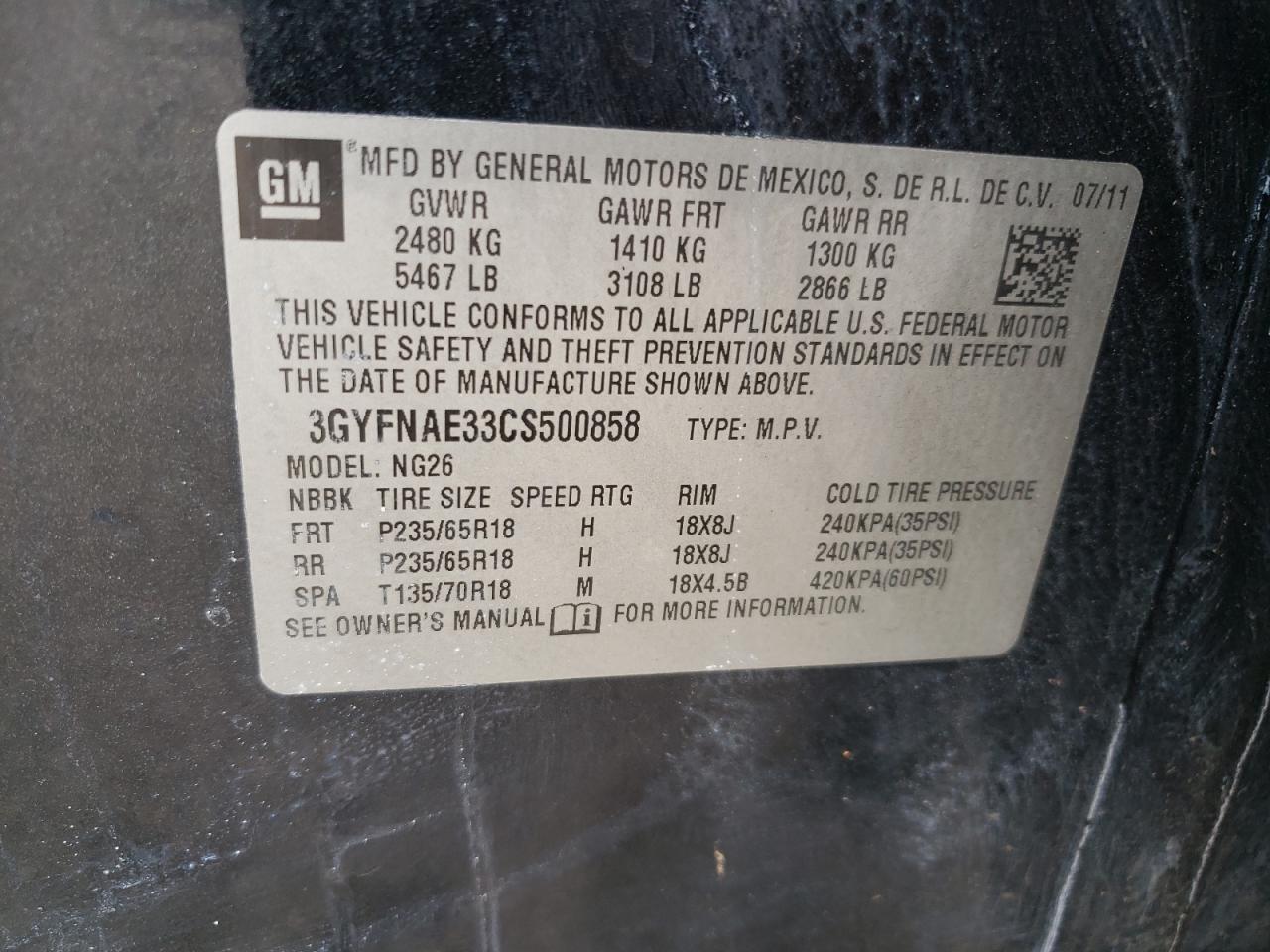 3GYFNAE33CS500858 2012 Cadillac Srx Luxury Collection