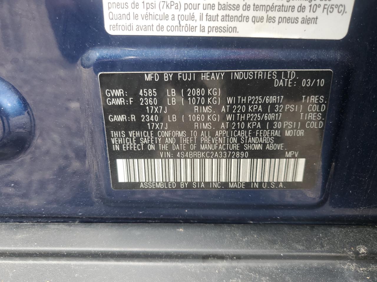 4S4BRBKC2A3372890 2010 Subaru Outback 2.5I Limited