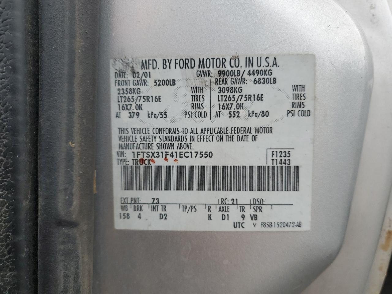 1FTSX31F41EC17550 2001 Ford F350 Srw Super Duty