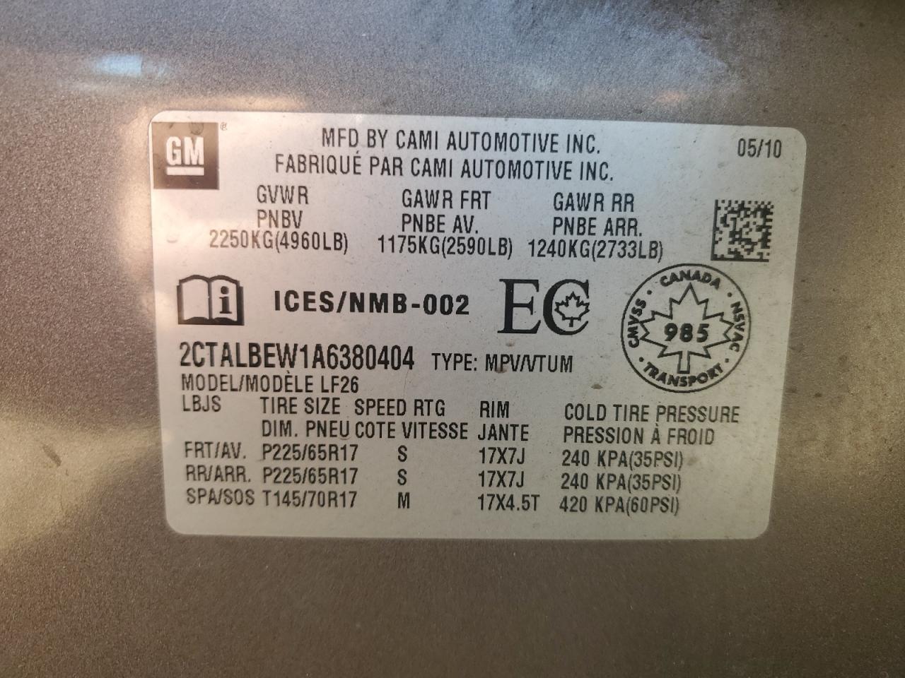 2CTALBEW1A6380404 2010 GMC Terrain Sle