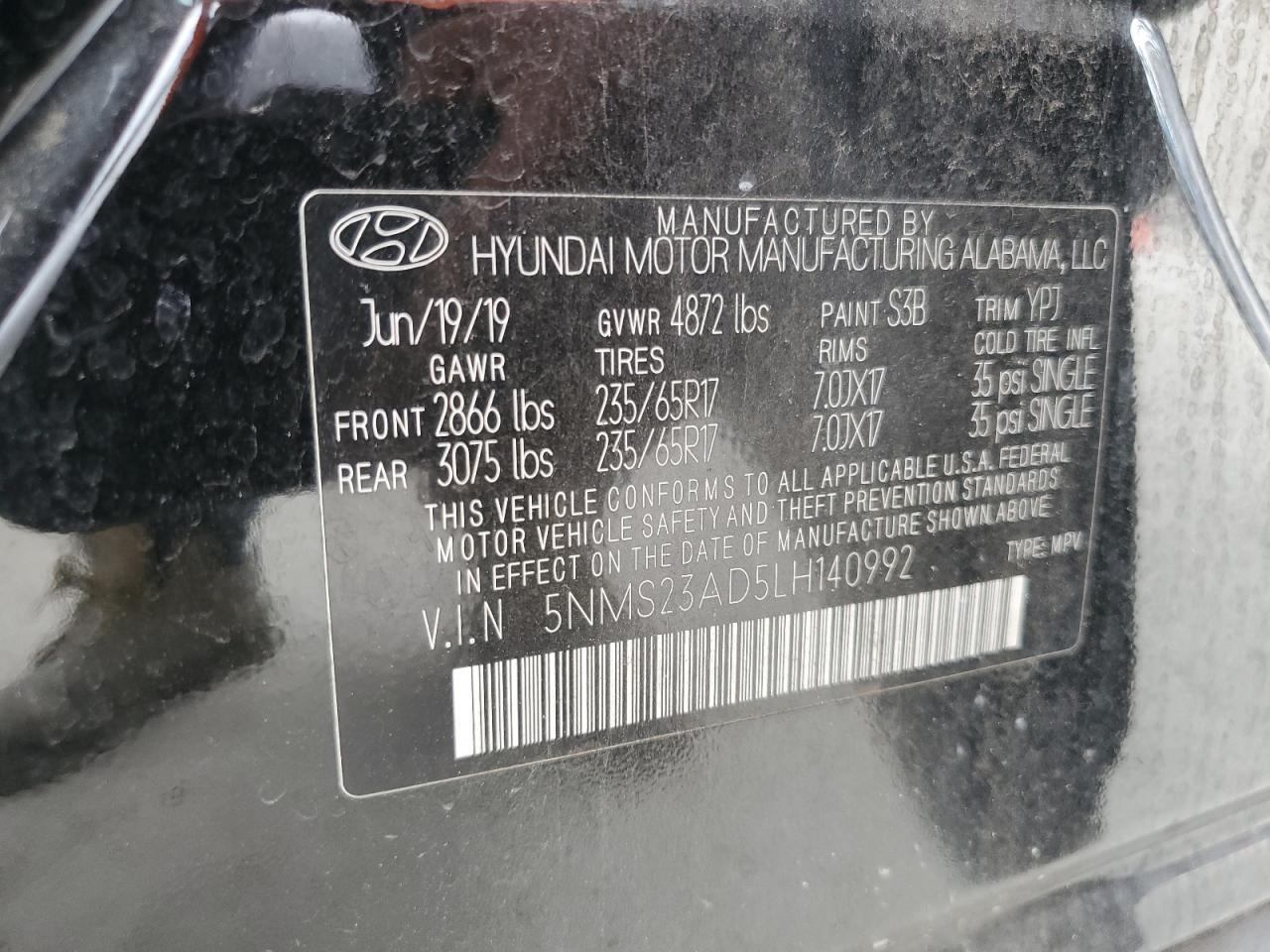 5NMS23AD5LH140992 2020 Hyundai Santa Fe Se