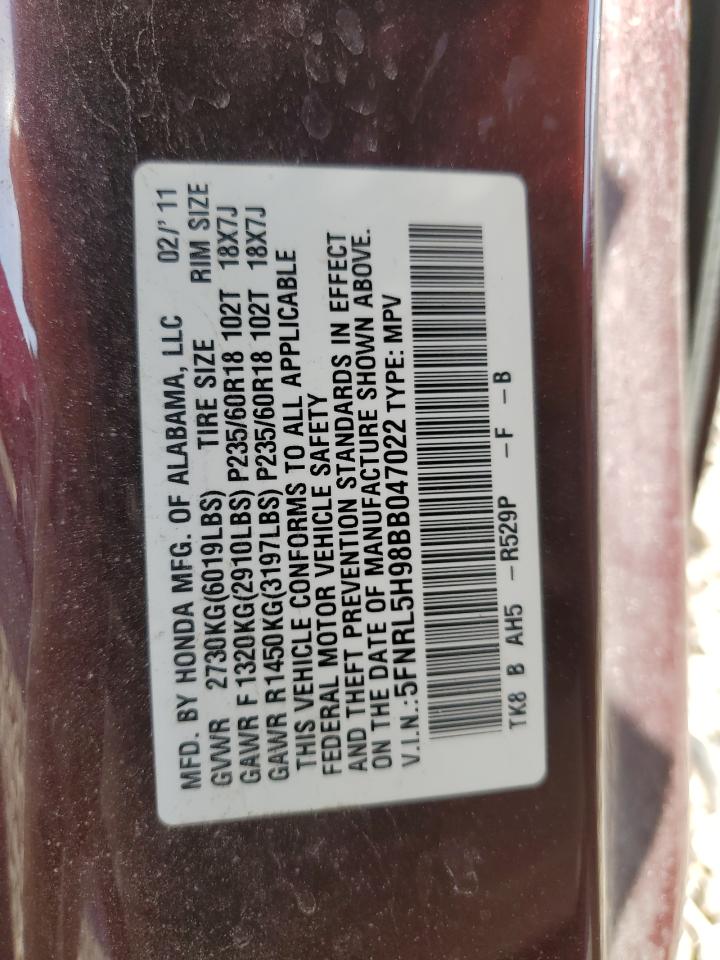 5FNRL5H98BB047022 2011 Honda Odyssey Touring