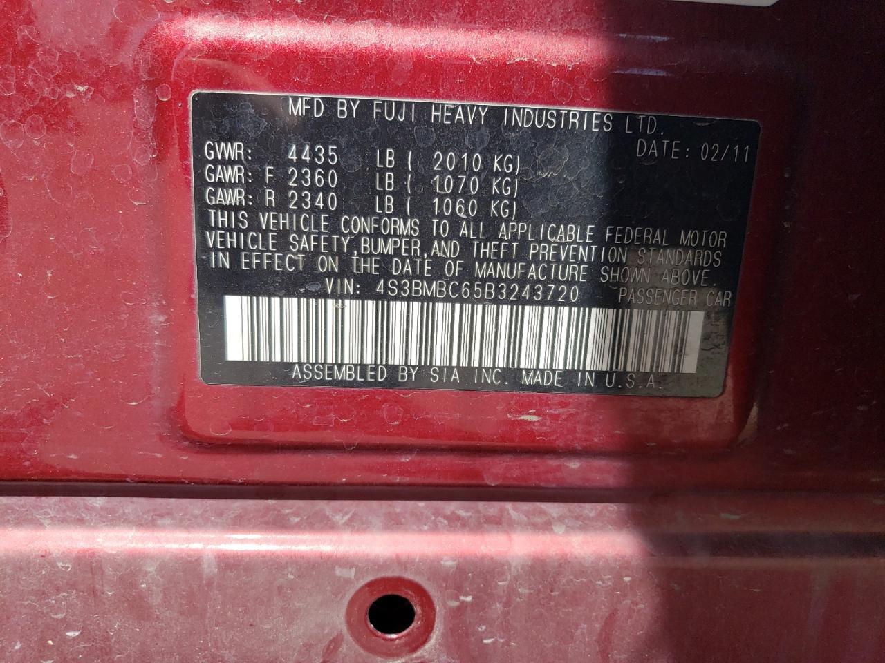 4S3BMBC65B3243720 2011 Subaru Legacy 2.5I Premium