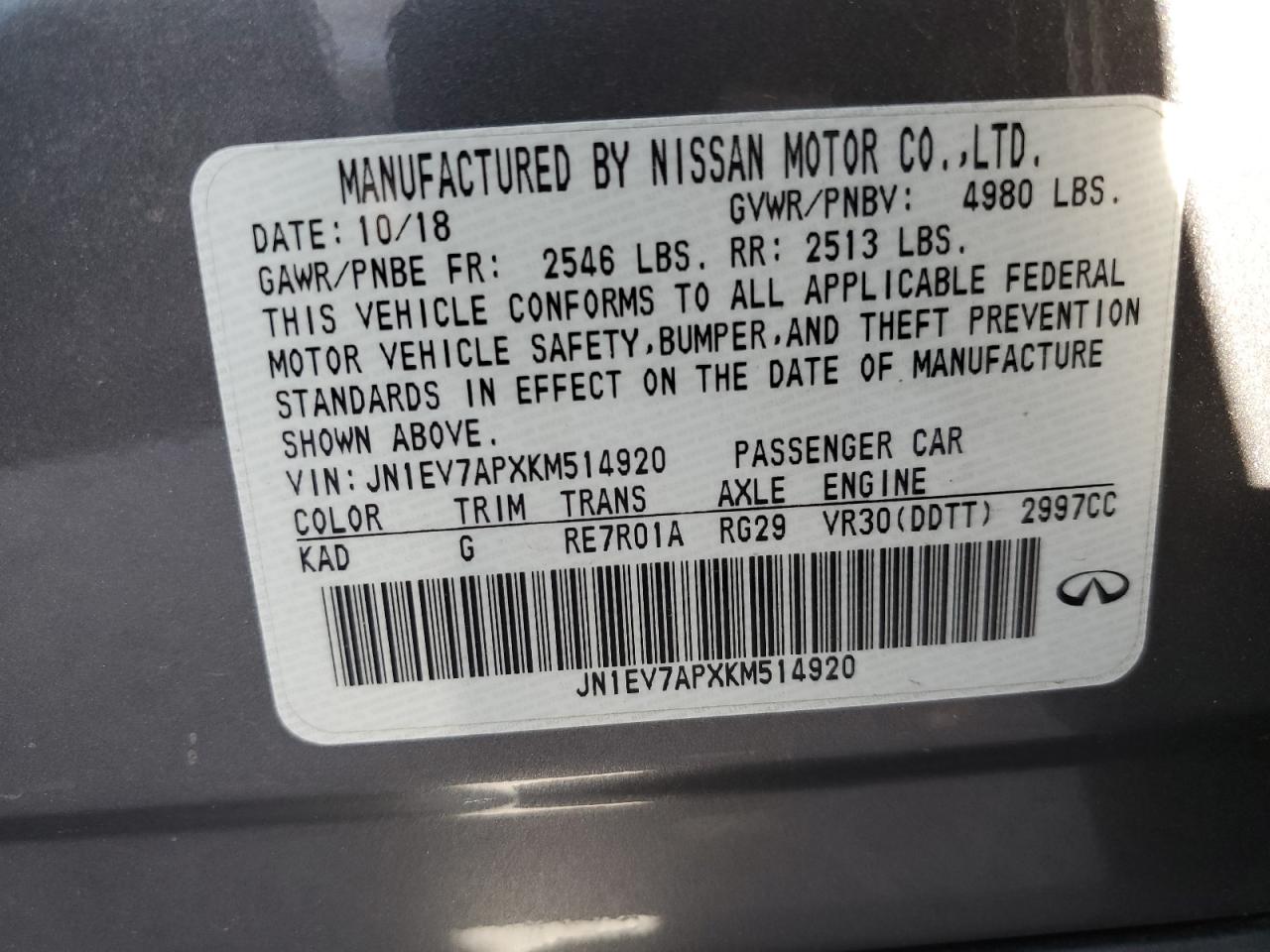 JN1EV7APXKM514920 2019 Infiniti Q50 Luxe